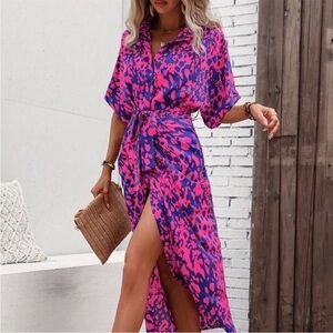 ❌SOLD❌ Multicolor Boho Womens Allover Print Batwing Sleeve Belted Shirt Dress